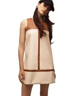 Anthropologie Maeve Faux Leather Shift Dress Brown Cream Tank Boho Retro XS